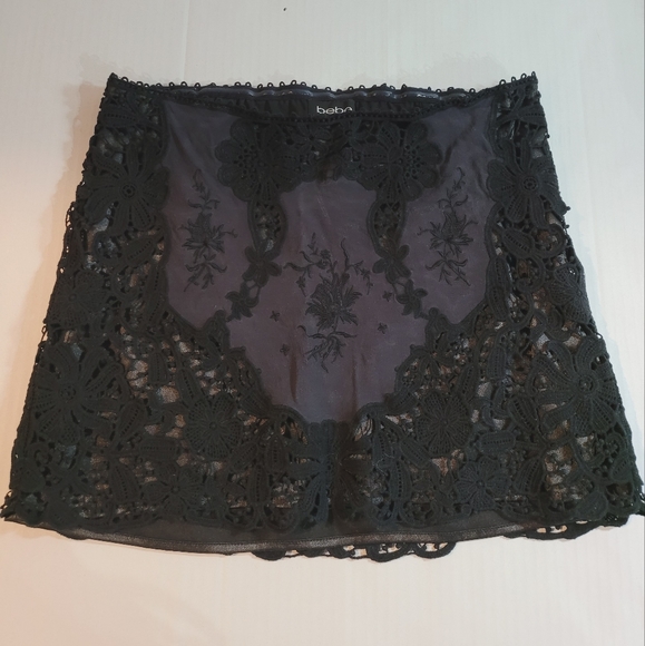 bebe Dresses & Skirts - Bebe Lace Overlay Black A-Line Mini Skirt (6)